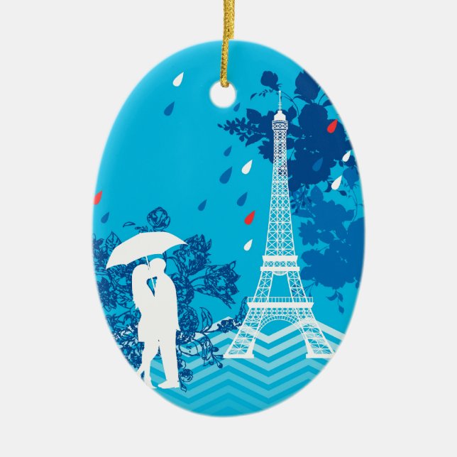 Couple in Paris with Eiffle Tower Ceramic Ornament (Front)