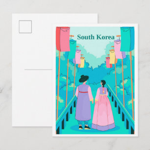 Couple in Seoul South Korea Travel Illustration Postcard