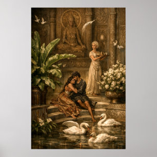 Couple In Swan Garden Retro Orientalism Poster