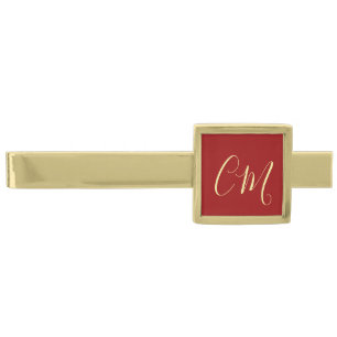Couple initials modern Chinese wedding red Gold Finish Tie Bar