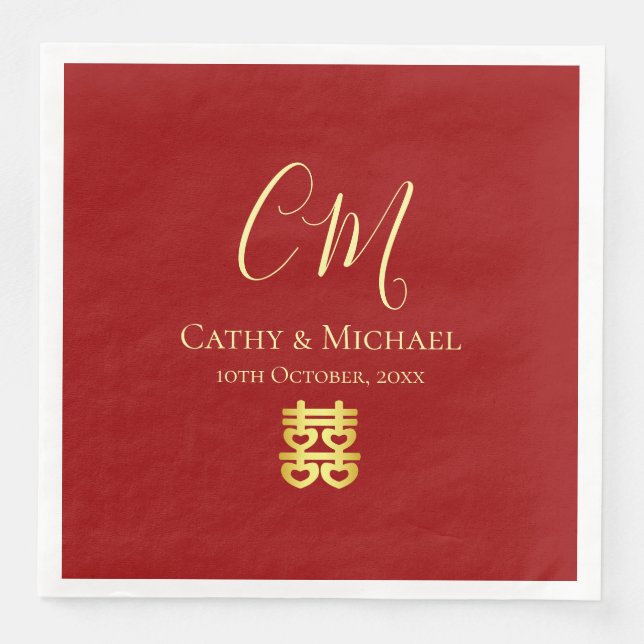Couple initials modern Chinese wedding red Paper Dinner Napkins (Front)