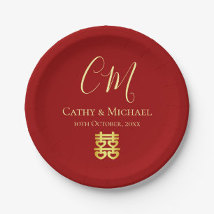 Couple initials modern Chinese wedding red Paper Plates