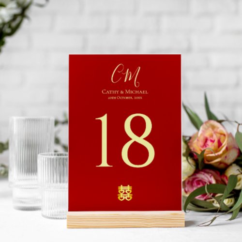 Couple initials modern Chinese wedding red Table Number