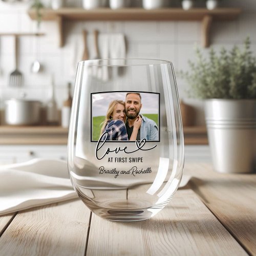 Couple Love at First Swipe Photo Stemless Wine Glass