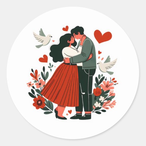 Couple love doves hearts valentine and flowers classic round sticker