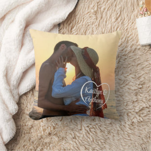 Couple Love Heart 2 Photos Names Throw Pillow
