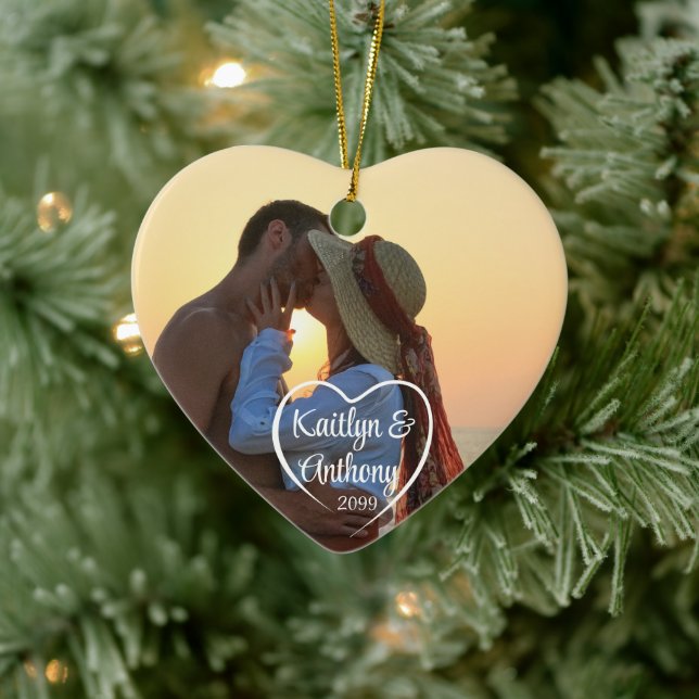 Couple Love Heart Photo Names Ceramic Ornament (Tree)
