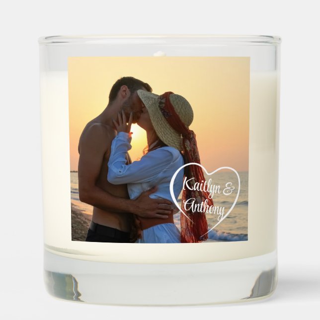 Couple Love Heart Photo Names Scented Candle (Front)