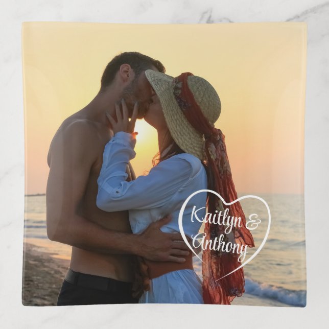 Couple Love Heart Photo Names Trinket Tray (Front)