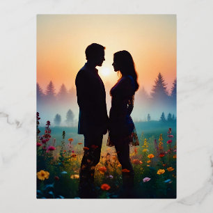 Couple Love Romantic Sunset Silhouette Beautiful Foil Holiday Postcard