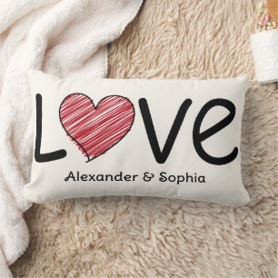 Couple Love Scribble Heart Modern Black & Red Lumbar Pillow