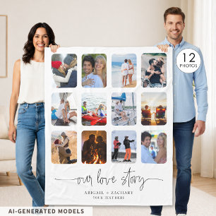 Couple LOVE STORY 12 Photo Collage Names Custom Fleece Blanket