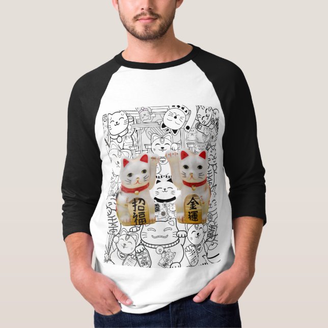 Couple Lucky Cute Cat Maneki Neko Chinese Culture  T-Shirt (Front)