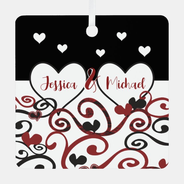 Couple Married Date Newlywed Swirly Love Hearts Metal Ornament (Front)