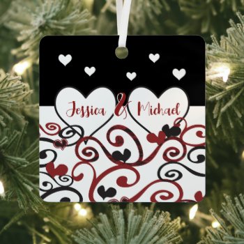 Couple Married Date Newlywed Swirly Love Hearts Metal Ornament by BiskerVille at Zazzle