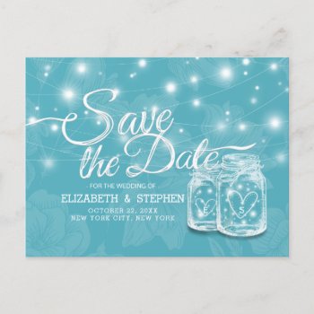 Couple Mason Jar Blue Floral Wedding Save The Date Postcard by ReadyCardCard at Zazzle
