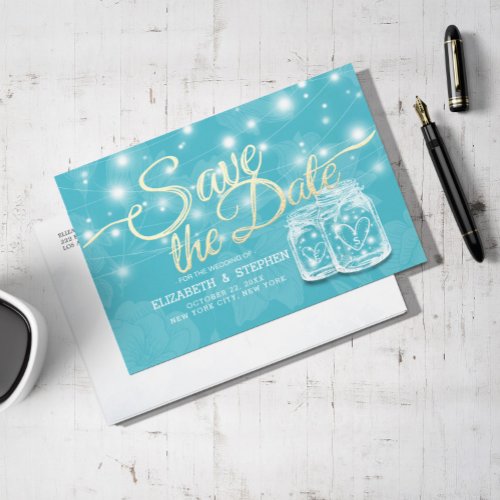 Couple Mason Jar Blue Floral Wedding Save The Date Postcard