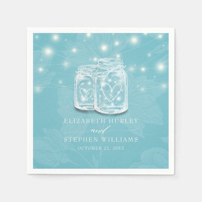 Couple Mason Jar String Lights Blue Floral Wedding Napkins (Front)