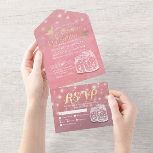 Couple Mason Jar String Lights Pink Floral Wedding All In One Invitation