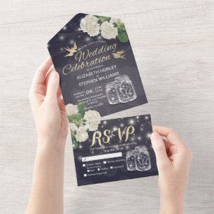 Couple Mason Jars Hydrangea Blue Gold Wedding RSVP All In One Invitation