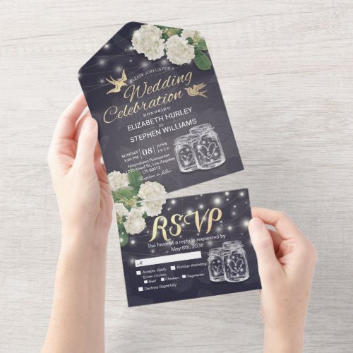 Couple Mason Jars Hydrangea Blue Gold Wedding RSVP All In One Invitation