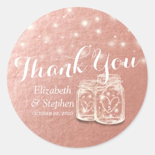 Couple Mason Jars String Lights Rose Gold Wedding Classic Round Sticker