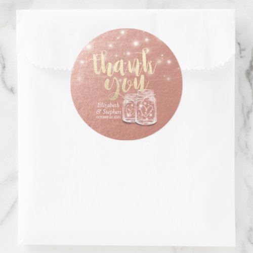 Couple Mason Jars String Lights Rose Gold Wedding Classic Round Sticker