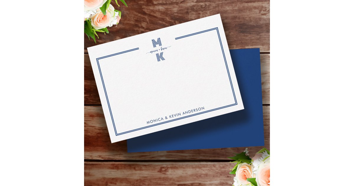 Couple Minimalist Navy Blue Two Border Monogram Note Card | Zazzle