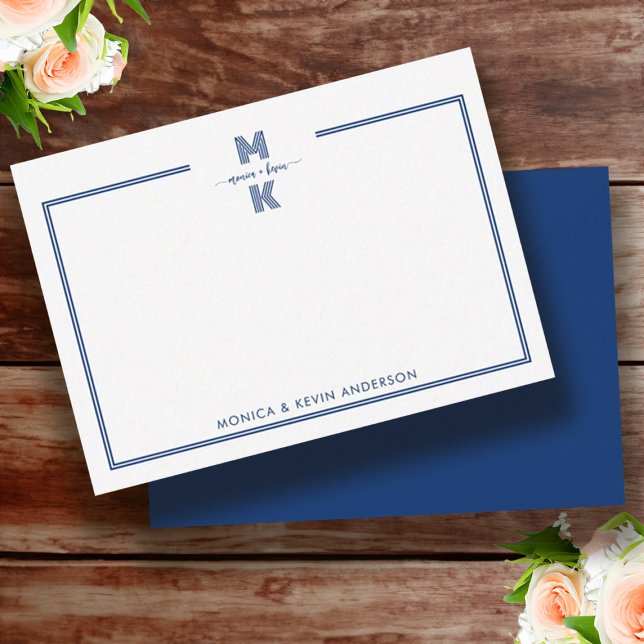 Couple Minimalist Navy Blue Two Border Monogram Note Card (Minimalist Navy Blue Two Border Monogram Note Card)