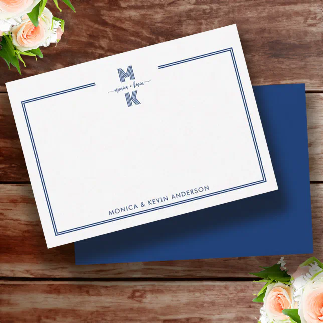 Couple Minimalist Navy Blue Two Border Monogram Note Card | Zazzle