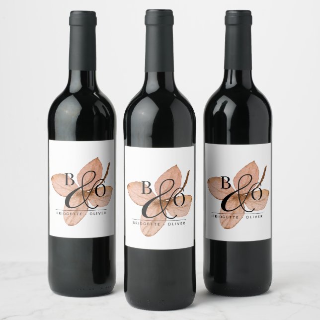 Couple Modern Monogram On Rustic Watercolor Leaf Wine Label (Bottles)