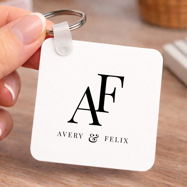 Couple Monogram Black and White Elegant Simple Keychain (Creator Uploaded)