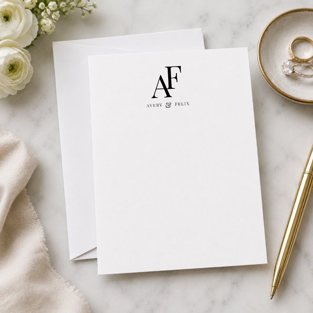 Couple Monogram Black and White Elegant Simple Note Card (Personalized monogram note cards with clean initials design for weddings, thank you notes, and more)