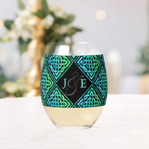 Couple Monogram Celtic Blue Green Wine Glass