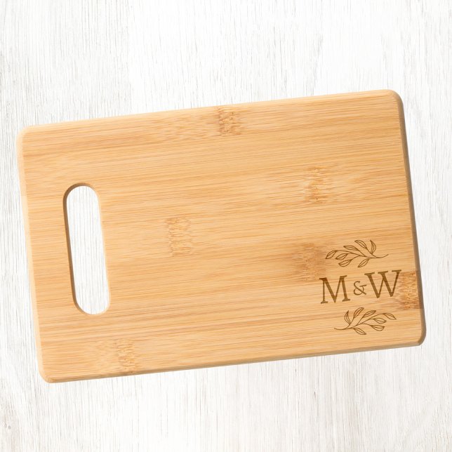 Couple Monogram Elegant Botanical Engraved Cutting Board (Monogram couple initials botanical leaf etched cutting board, ideal wedding or newlywed gift)