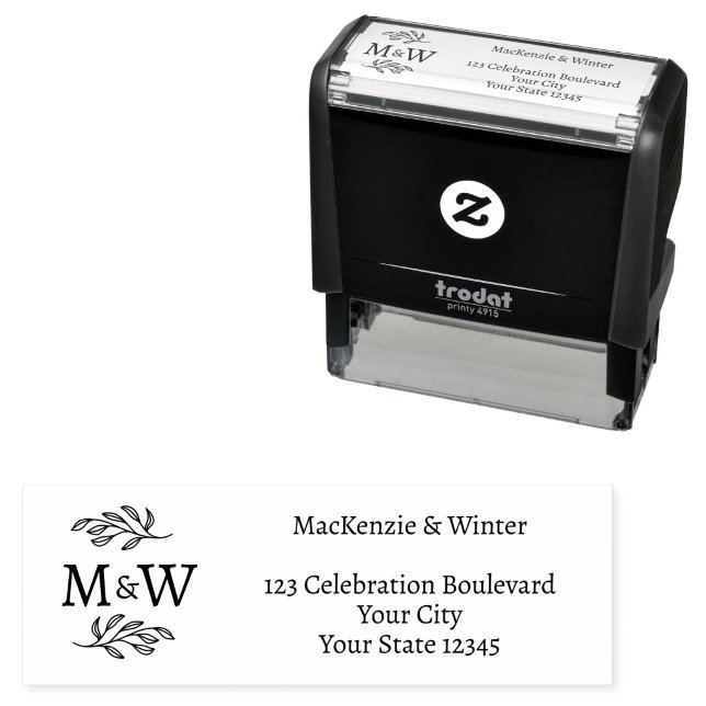 Couple Monogram Elegant Wedding Return Address Self-inking Stamp (Modern wedding couple monogram leaf line art detail return address stamp)