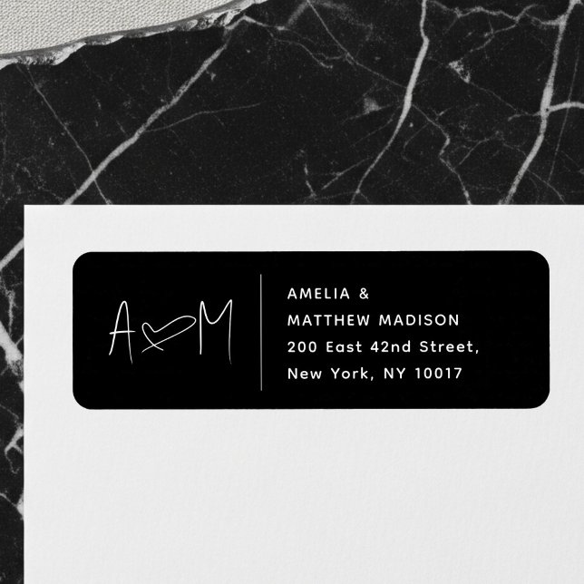 Couple Monogram Heart Black Return Address Label (Creator Uploaded)