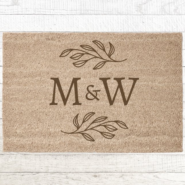 Couple Monogram Initial Personalized Botanical Fiber Doormat (Modern couple monogram initials botanical line art coir doormat)
