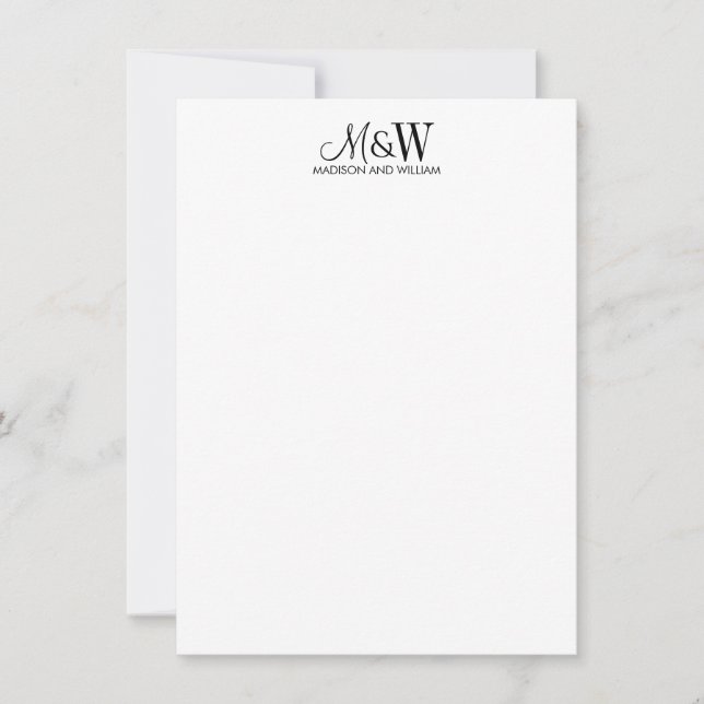 Couple Monogram Minimalist Black White Note Card (Front)