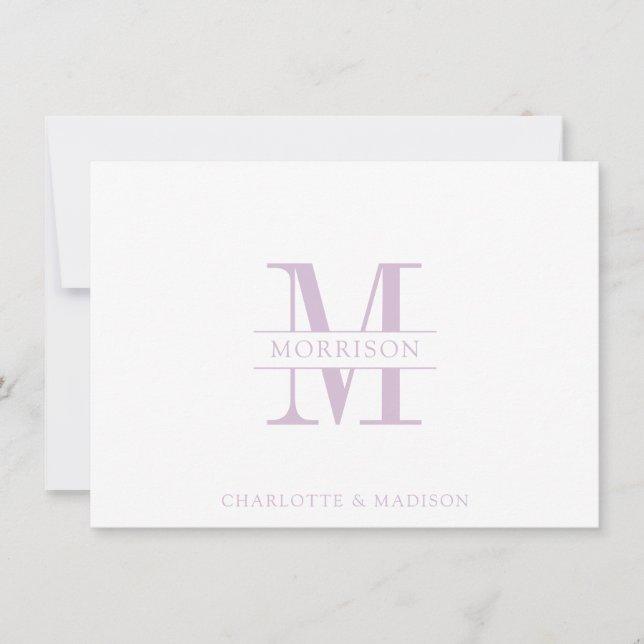 Couple Monogram Minimalist Lavender White  Note Card (Front)