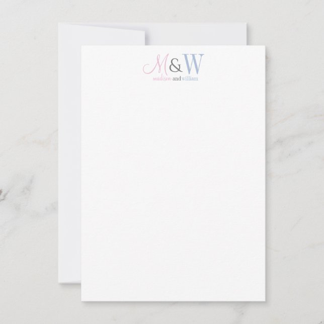 Couple Monogram Minimalist Pink Blue Script Serif Note Card (Front)