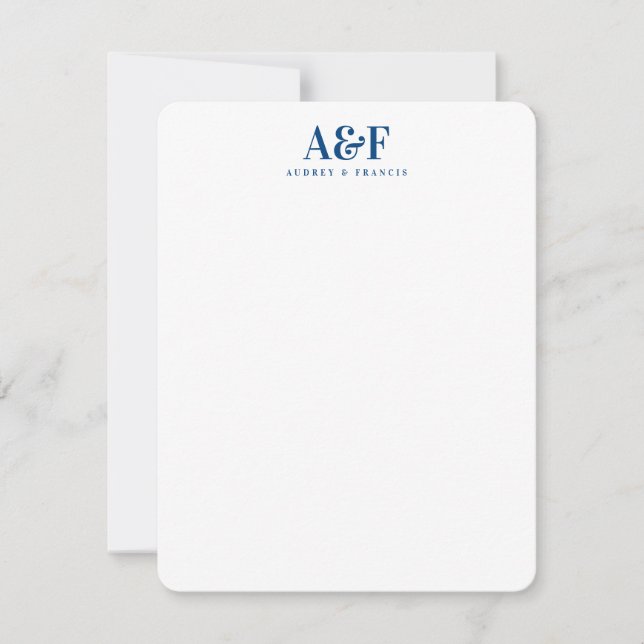 Couple Monogram Minimalist Simple Navy Blue White Note Card (Front)