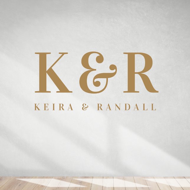 Couple Monogram Minimalist Simple White Nameplate Wall Decal (Elegant gold typography custom wall decal wedding decor sign.)