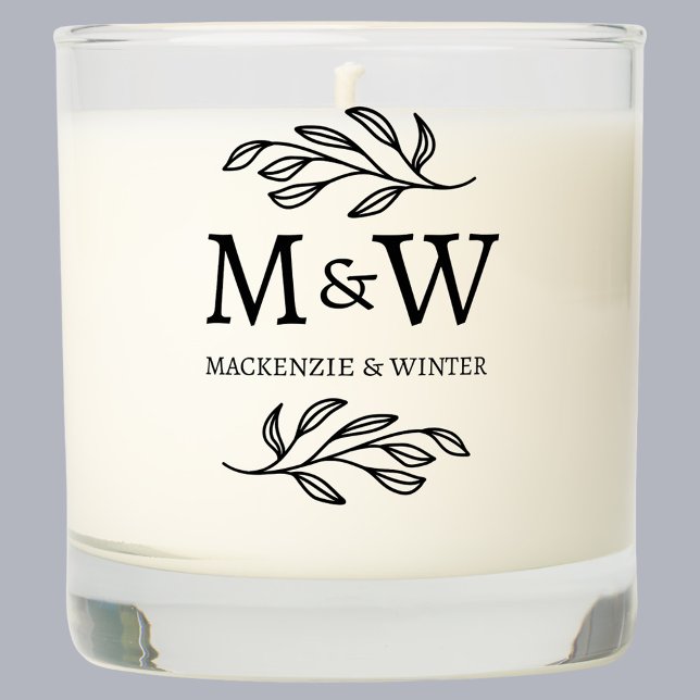 Couple Monogram Names Wedding Elegant Botanical Scented Candle (Monogram initials custom name wedding couple monogram botanical leaf keepsake favor scented candle)