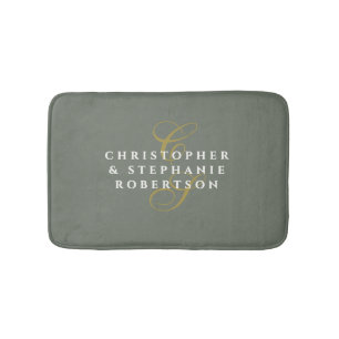 Couple Monogram Olive Gray Gold White Minimalist Bath Mat