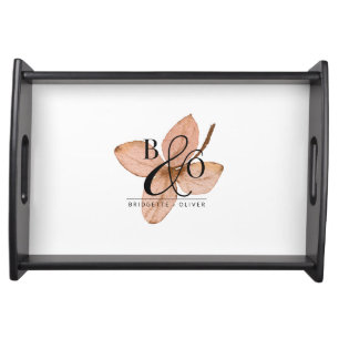 Couple Monogram   Rustic Watercolor Leaf Serving Tray