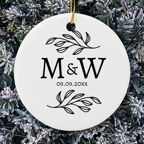 Couple Monogram Wedding Date Elegant Botanical Ceramic Ornament