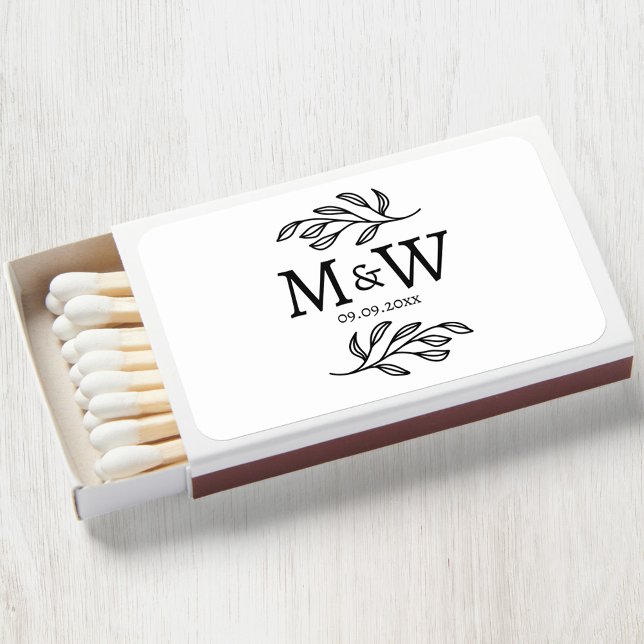 Couple Monogram Wedding Date Elegant Botanical Matchboxes (Wedding couple monogram initials with wedding date personalized matchbox favors)