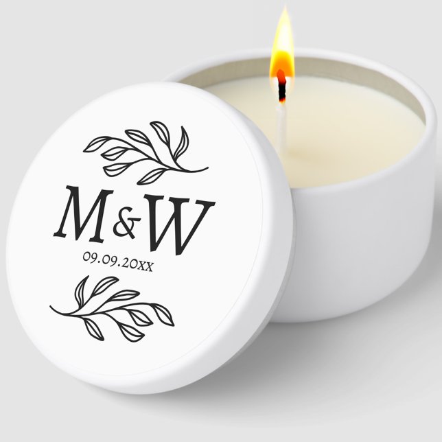 Couple Monogram Wedding Date Elegant Botanical Mini Candle Favors (Modern wedding couple bride groom monogram initials date botanical line art mini soy candle favor)