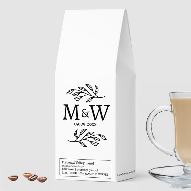 Couple Monogram Wedding Date Elegant Botanical Roasted Coffee (Wedding couple monogram initials date botanical roasted coffee favor)